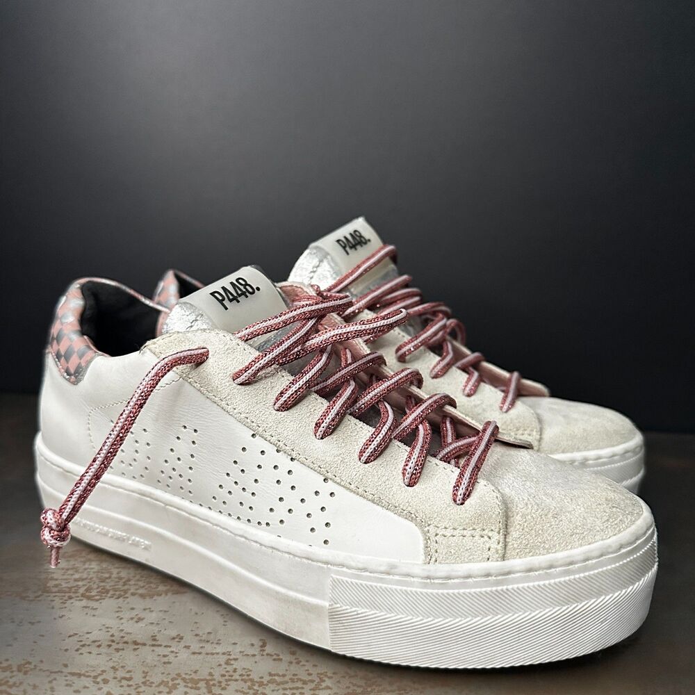 P448 Platform Sneakers 36 Italian Low Top Sporty Chic Euro Trip Pink White Thea